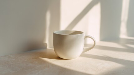 Fototapeta premium Empty ceramic mug on a table in natural sunlight with shadows. Minimalist design for product display and branding. Aesthetics for home interior.