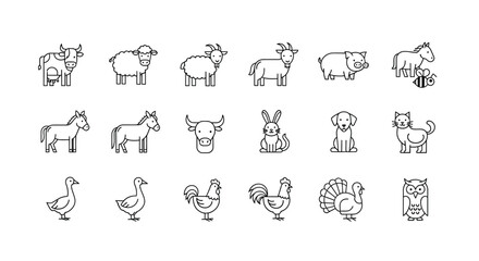 Fototapeta premium Farm animals line icons set vector illustration with cow, sheep, goat, pig, horse, bull, rabbit, dog, cat, goose, chicken, turkey and owl