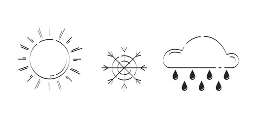 Minimalist weather conditions doodle linear objects set. Sunny, snowy and rainy forecast season 2D vector outline clip arts drawings isolated on white. Hand drawn sketch illustrations collection