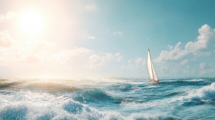 Sailboat sailing on rough ocean water with sun shining. Leisure activity and travel concept. Summer vacation on the sea for a cruise.