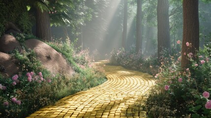 Yellow brick road winding through a mystical forest with blooming pink roses and dappled sunlight. Fairytale path to an enchanting journey or whimsical destination.