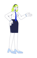 Corporate woman giving presentation gesture 2D cartoon character. Workplace communication. Blonde businesswoman speaking pose flat vector person isolated on white. Spot illustration colorful