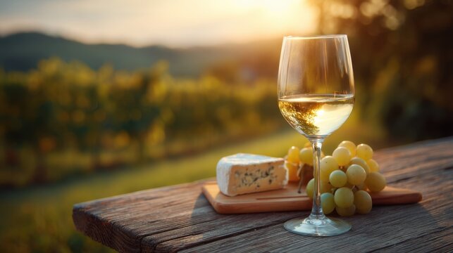 Glass of white wine, cheese, and grapes on a wooden table with a vineyard view at sunset. Relaxing evening with beverage and snacks.