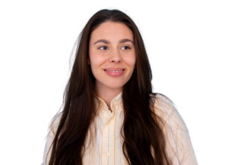 Young woman smiling, looking away with happy expression, long hair, casual style, transparent background