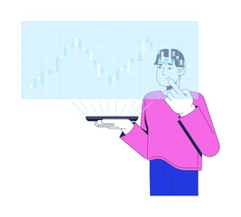 Analyzing holographic stock chart on smartphone 2D illustration concept. Financial trading. Market analyst watching candlestick graph cartoon character isolated on white. Flat abstract vector metaphor