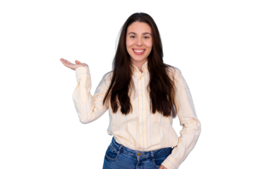 Woman smiling, presenting product, showing empty palm with open hand, casual style, copy space, transparent background