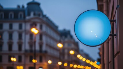Illuminated blue circular sign glowing on building facade in a european city street at dusk