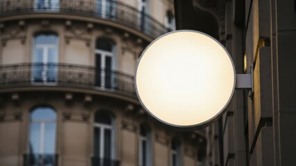 Illuminated round blank sign mockup attached to a building facade in a european city
