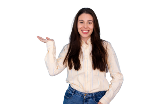 Woman smiling, presenting product, showing empty palm with open hand, casual style, copy space, transparent background