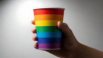 Fototapeta premium Hand holding rainbow colored cup, LGBT pride concept