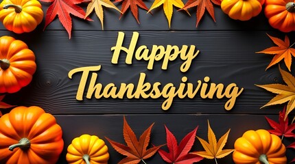 Happy Thanksgiving celebration vector artwork with a smiling cartoon turkey, decorative autumn foliage, warm seasonal palette, fun and family-friendly style