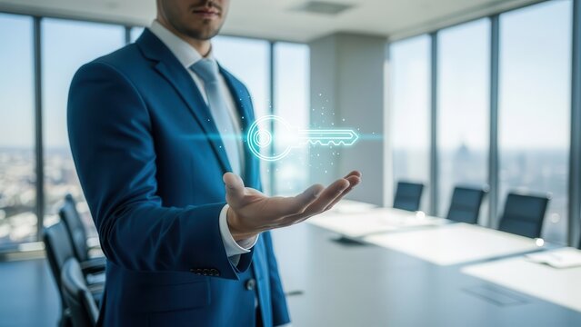 Businessman holding glowing digital key hologram in modern office meeting room with city view