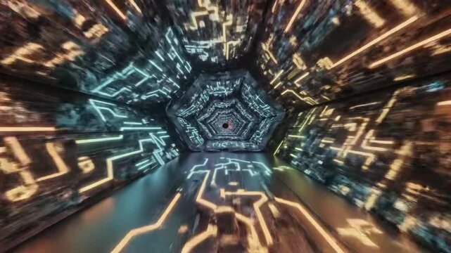 Futuristic abstract digital tunnel with glowing circuit patterns and geometric shapes in vibrant neon lights - Powered by Adobe