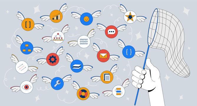 Managing chaos 2D mixed media illustration. Tasks productivity. Many icons with wings flying around. Hand with catching net cartoon conceptual collage art. Vector flat concept on color background