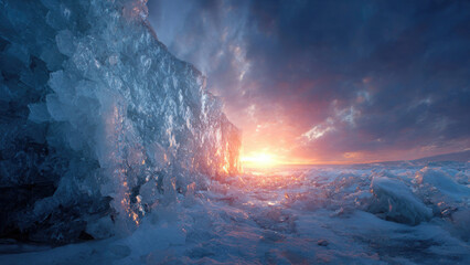 Naklejka premium A vibrant golden sunset illuminates a majestic, jagged ice wall and a sprawling frozen landscape, creating a dramatic, beautiful Arctic scene.