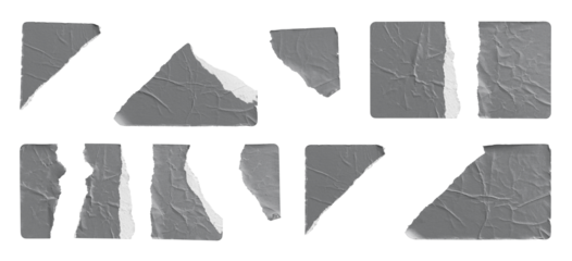 Torn Grey Stickers Assorted Pieces and Fragments isolated on transparent background