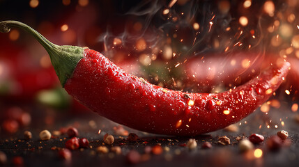 A close up of a vibrant red chili pepper with steam and spice particles