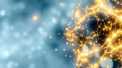 Abstract golden glowing neural network connection lines on blue background backdrop with bokeh artificial intelligence brain synapse technology science concept with copy space