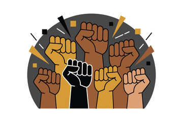 Diversity and Solidarity: Vector Illustration of Raised Fists in Different Skin Tones Symbolizing Unity, Protest, and Empowerment for Social Justice Movements