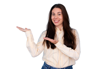 Smiling young woman presenting and gesturing with open hands, showing copy space on transparent background