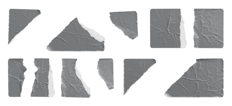 Torn Grey Stickers Assorted Pieces and Fragments isolated on transparent background