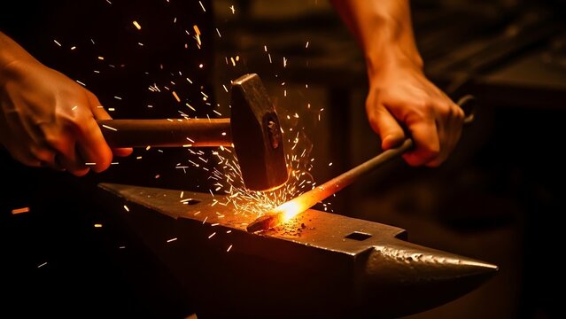 Blacksmith Working with Hot Metal in Forge Sparks Flying in Workshop