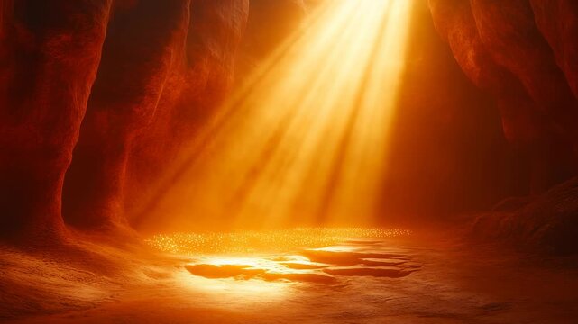 Bright heavenly light beam shining down into dark rocky cave cavern with golden sun rays and dust particles dramatic spiritual religious background mystery ancient tomb concept