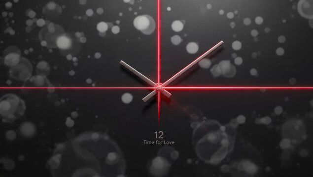 Modern clock with white hands and a red laser cross, displaying 'Time for Love' and '12' on a dark, sparkling bokeh background.