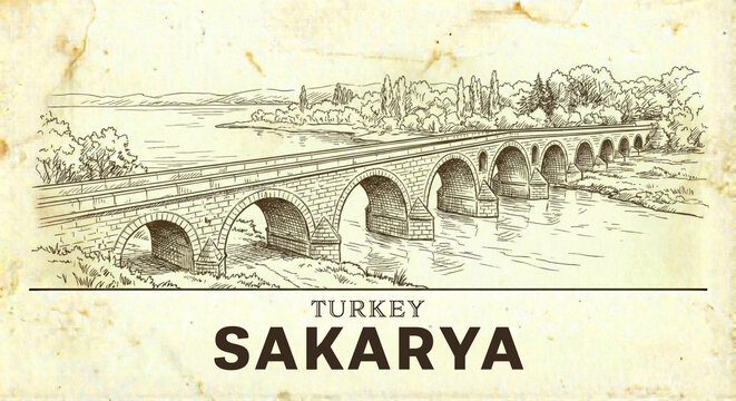 Sakarya City Skyline Vintage Line Art Sketch - Justinian Bridge Illustration