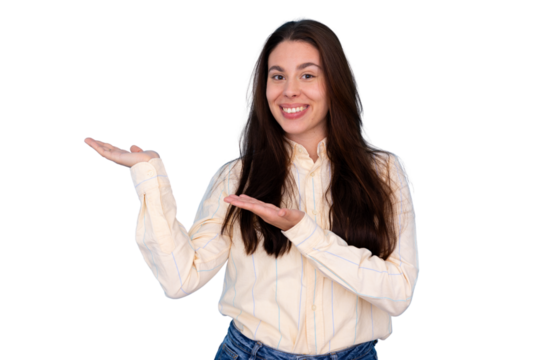 Smiling young woman presenting and gesturing with open hands, showing copy space on transparent background