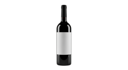 Dark glass wine bottle, with blank white label and black cap, isolated on a transparent background, cutout, PNG