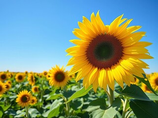 Obraz premium Giant yellow sunflower blooming brightly in a field under a blue sky, petal, season