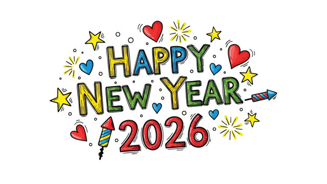 Festive doodle design with colorful hand-drawn 'Happy New Year 2026' lettering, featuring fireworks, stars, and hearts for a holiday celebration