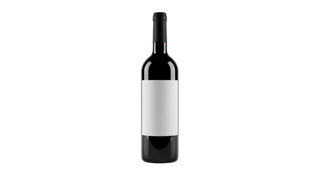Dark glass wine bottle, with blank white label and black cap, isolated on a transparent background, cutout, PNG