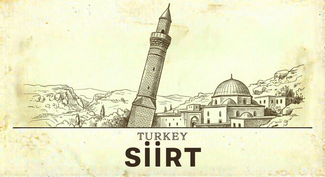 Siirt City Skyline Vintage Line Art Sketch - Leaning Minaret Illustration