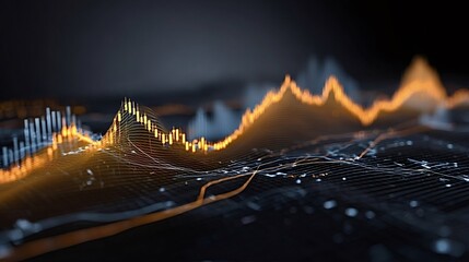 Illuminated candlestick charts and abstract data graphs visualizing complex financial information, representing market trends, business growth, and technology innovation on a dark background