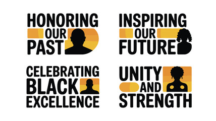 Black History Month Celebration: Honoring Past, Inspiring Future, Celebrating Excellence, and Unity with silhouettes and gold color accents, highlighting Black community.