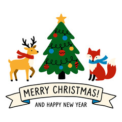 Cute Christmas scene with decorated tree, winter fox, reindeer, ornaments and festive banner saying Merry Christmas and Happy New Year. flat vector illustration