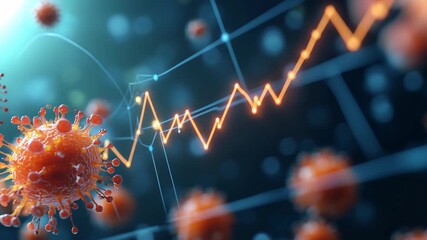 Red virus cells floating with glowing financial stock market chart graph lines showing pandemic economic impact recession recovery healthcare biotech investment business concept - Powered by Adobe