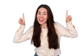 Happy woman pointing both index fingers up, finding a solution, having a great idea, feeling cheerful and excited on transparent background