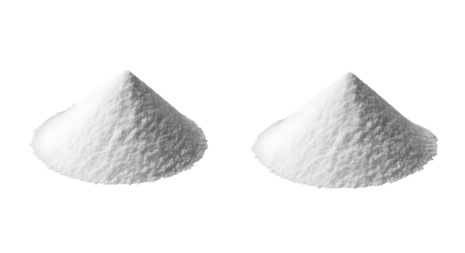 White granular powder, in two piles, isolated on a transparent background, cutout, PNG
