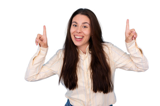 Happy woman pointing both index fingers up, finding a solution, having a great idea, feeling cheerful and excited on transparent background