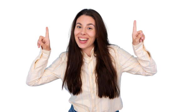 Happy woman pointing both index fingers up, finding a solution, having a great idea, feeling cheerful and excited on transparent background