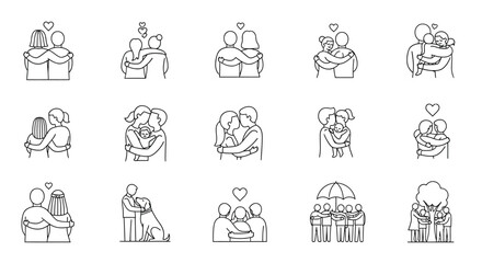 Collection of people hugging each other hand drawn vector illustration of family and friends in doodle style
