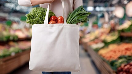 Woman carrying a reusable tote bag filled with fresh vegetables and produce, symbolizing sustainable shopping practices and healthy lifestyle in a supermarket
