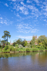 Hereford Cathedral viewed across the River Wye on Easter Sunday, Hereford, Herefordshire, England UK
