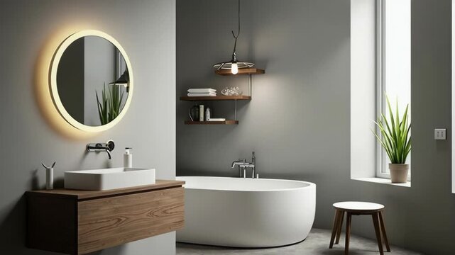 Stylish minimalist bathroom featuring round illuminated mirror, freestanding white bathtub, wooden vanity, green plant. Natural daylight fills elegant space, emphasizing clean lines and modern design