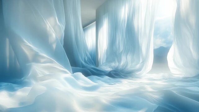 White flowing curtains blowing in wind inside bright abstract room with sunlight soft blue silk fabric waving motion ethereal elegant luxury background for wedding spa concept