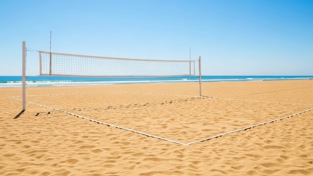 Empty beach volleyball court on sunny sandy shoreline with clear blue sky