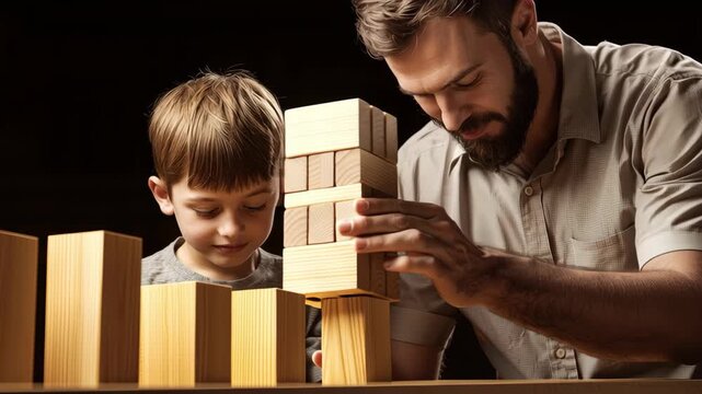 Father and son family bonding with wooden block building game, playful child boy learning, teamwork focus, warm light home education craft guidance